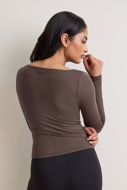365 Boat Neck Long Sleeve Top - Mocha Brown