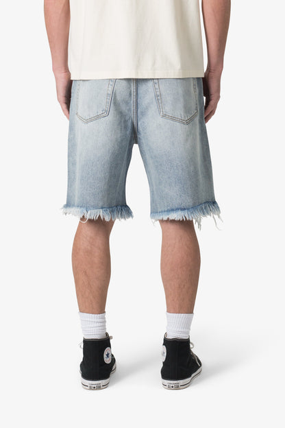 Distressed Spider Denim Shorts - Light Blue