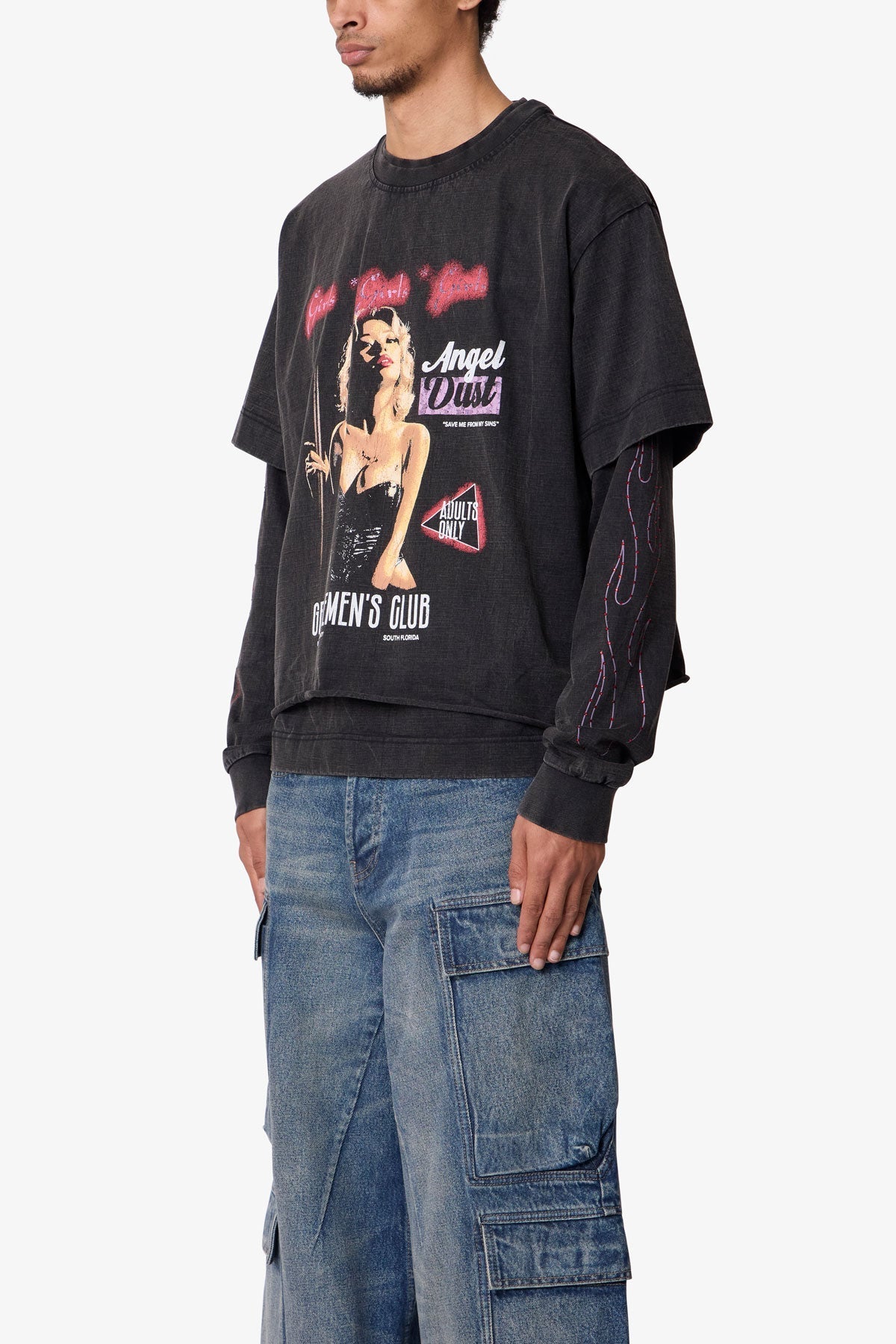 Gentlemens Club Printed L/S Tee - Washed Black