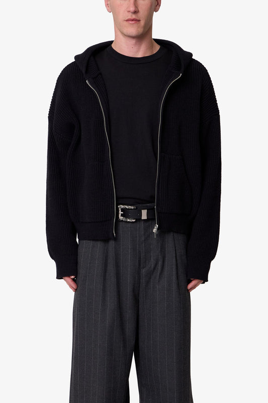 Knit Zip Up Hoodie - Black
