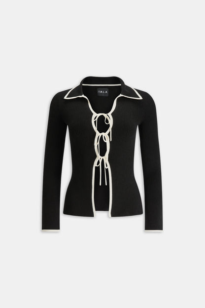 Slim Fit Long Sleeve Ribbed Knit Tie Top - Black And Buttermilk