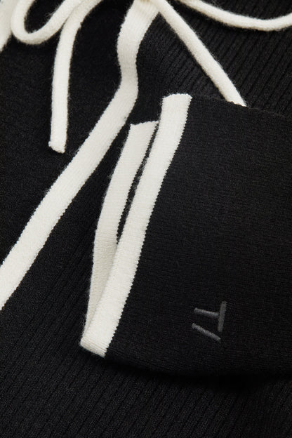 Slim Fit Long Sleeve Ribbed Knit Tie Top - Black And Buttermilk