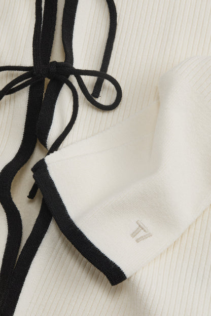 Slim Fit Long Sleeve Ribbed Knit Tie Top - Buttermilk And Black