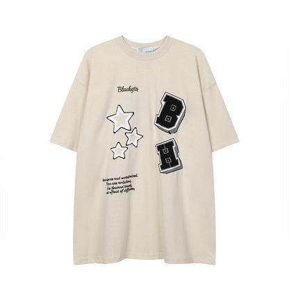 After Prom Shirt Shirt round Neck Cotton Casual T-shirt Pattern Patch Embroidered Half Sleeve Top