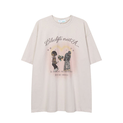 After Prom Shirt Women's Love T-shirt Retro Cartoon Printed Cotton Short Sleeve Men's Loose Ins