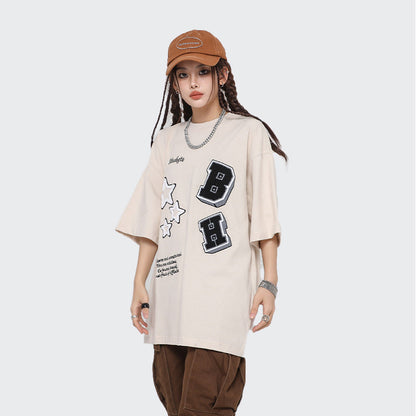 After Prom Shirt Shirt round Neck Cotton Casual T-shirt Pattern Patch Embroidered Half Sleeve Top