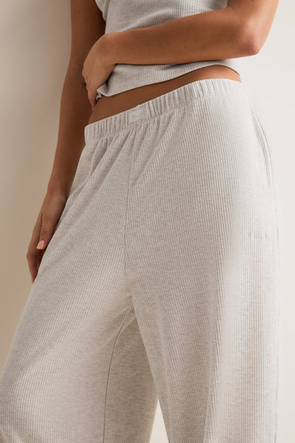 High-Rise Wide Leg Pyjama Bottoms - Oat Marl