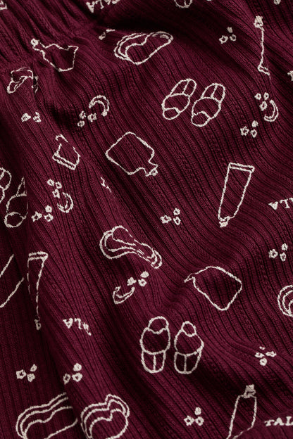 Wide Leg Pyjama Bottoms - Burgundy 'Wind Down' Print
