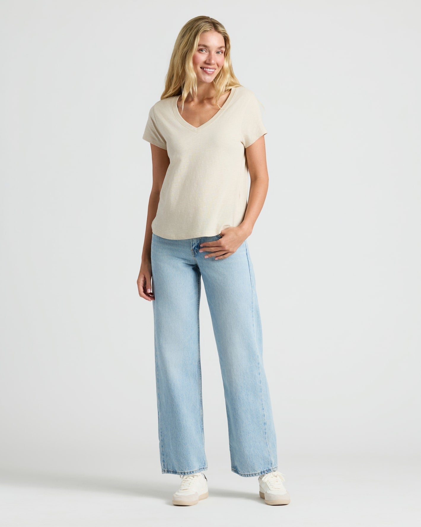 Womens Oatmeal Relaxed Slub V-Neck Tee