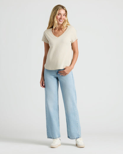 Womens Oatmeal Relaxed Slub V-Neck Tee
