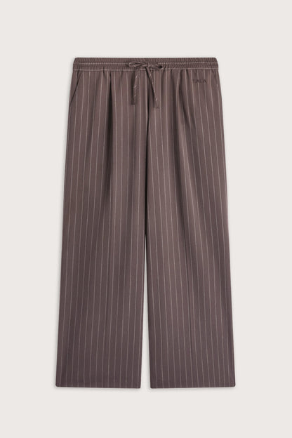 Drawstring Wide Leg Trousers - Mocha Brown Pinstripe