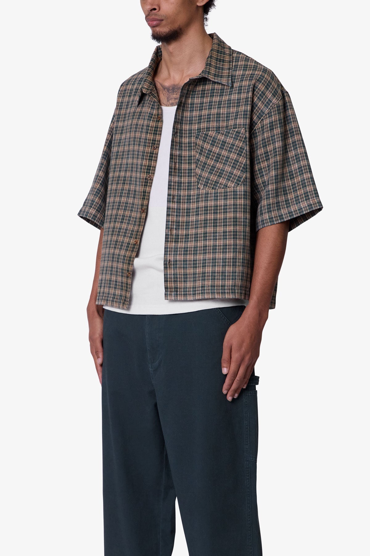 Washed Poplin Over Shirt - Green/Brown