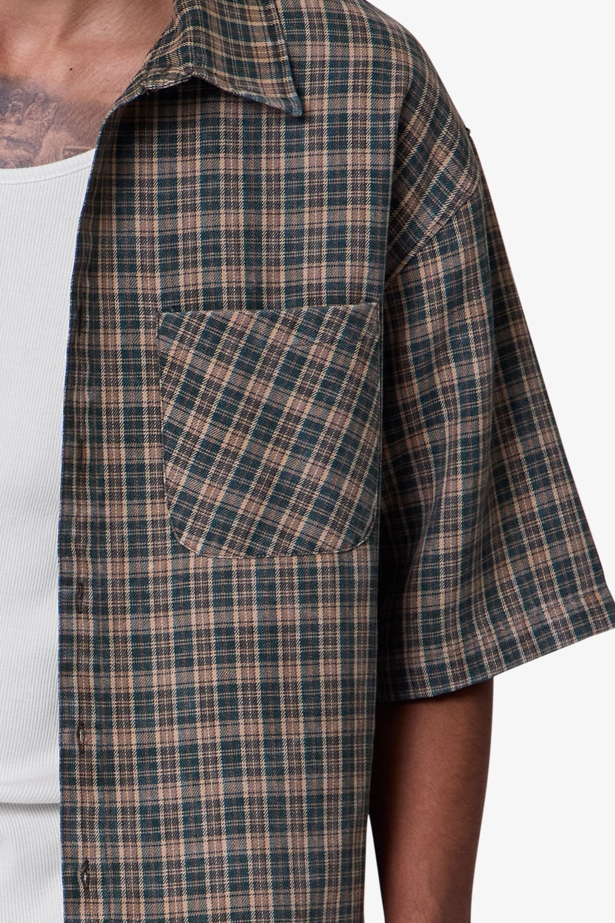 Washed Poplin Over Shirt - Green/Brown