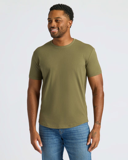 Military Green Curved Hem Classic Crew Neck
