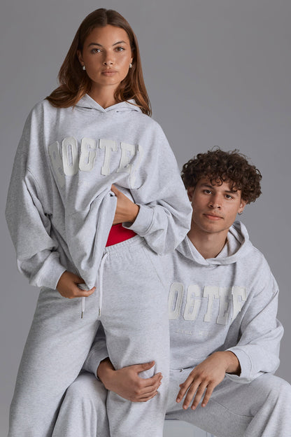 Cotton Fleece Appliqué Oversized Hoodie in Grey Marl